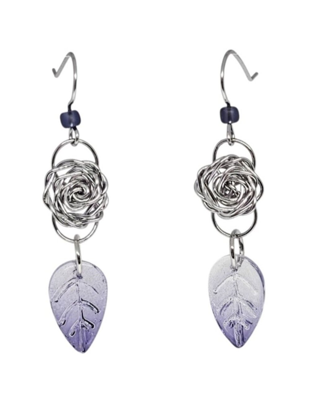 Handcrafted Silver Wire Rose Floral Dangle Earrings Purple Leaf Charm Boho